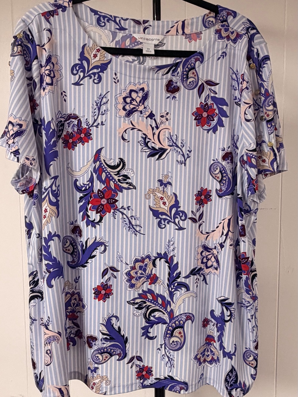 Liz Claiborne Light Blue Striped Paisley Floral Short Sleeve Top
